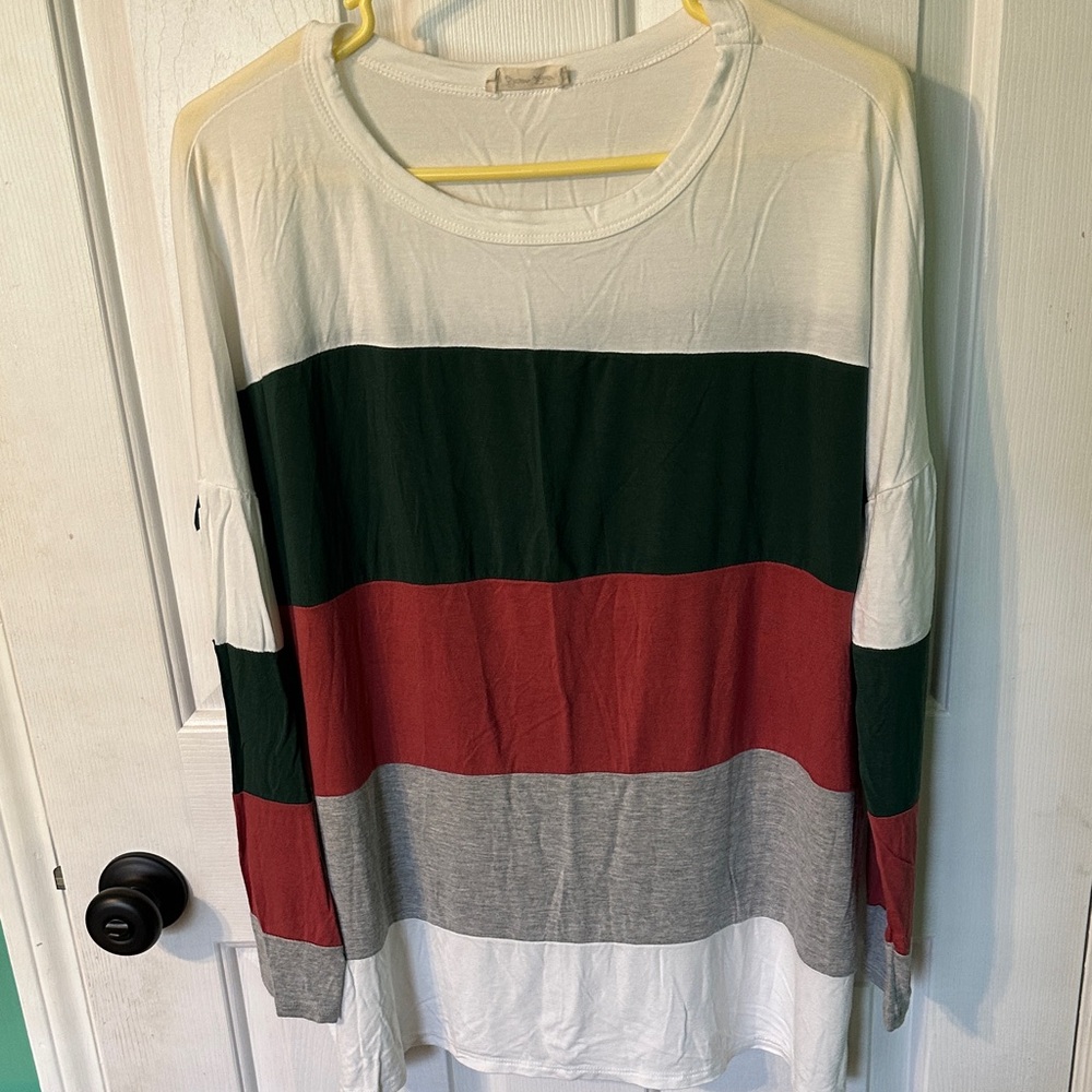 0088 Striped Long Sleeve Top - Red, Green, Graya women’s size medium